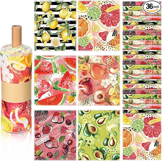 36 Count Reusable Cleaning Cloths Washable Cotton Kitchen Towels for Home(Fruit Style,Fresh Color)