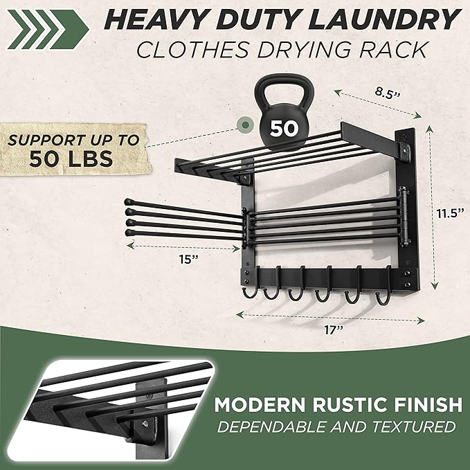 BATODA Wall-Mounted Steel Clothes Drying Rack - Swivel Towel Hanger for Laundry Room & Bathroom - Space Saver (Steel)