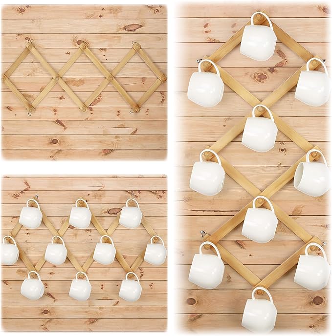 Dseap Accordian Wall Hanger: 16” High Wooden Wall Expandable Coat Rack, Hat Rack Holder, Accordion Hook for Baseball Caps, Coats, Mugs, 10 Peg Hooks, Natural