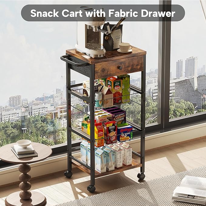 Kitchen Organizer and Storage Cart with Fabric Drawer and Convenient Handle, Snack Organizer Cart with 2 Pull-Out Baskets and 2 Storage Shelves, Rolling Kitchen Cart for Fruit Potato Onion Vegetable