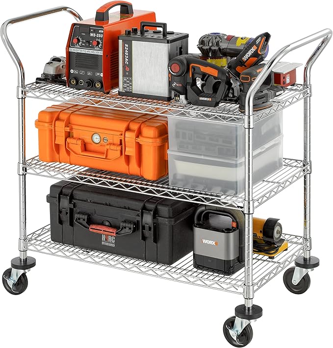 Finnhomy 3-Tier Commercial Grade Rolling Cart, Heavy Duty Utility Cart with Wheels and Handles, Metal Kitchen Carts on Wheels with 500 lbs Capacity, Shelf Size 20" D x 36" W, NSF