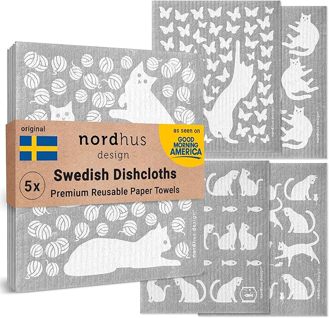 Nordhus Design Swedish Dishcloths, 5 Cat Cloths, Made in Sweden - Reusable, Washable Cellulose Cotton Kitchen Cloths - Replace Paper Towels, Wipes, Sponges, Dish Rags