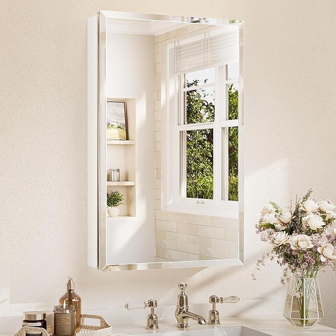 TETOTE 20 x 32 Medicine Cabinet with Mirror with Tempered Beveled Mirror White Medicine Cabinet Aluminum Cabinet DTC Hinges, Stepless Adjustable Shelves, Recessed/Surface-Mounted