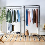 Amazon Basics Adjustable Double Rod Rolling Garment Rack, Hanging Clothes Closet Organizer with Wheels, Heavy Duty, 36" x 14" x 72", Black