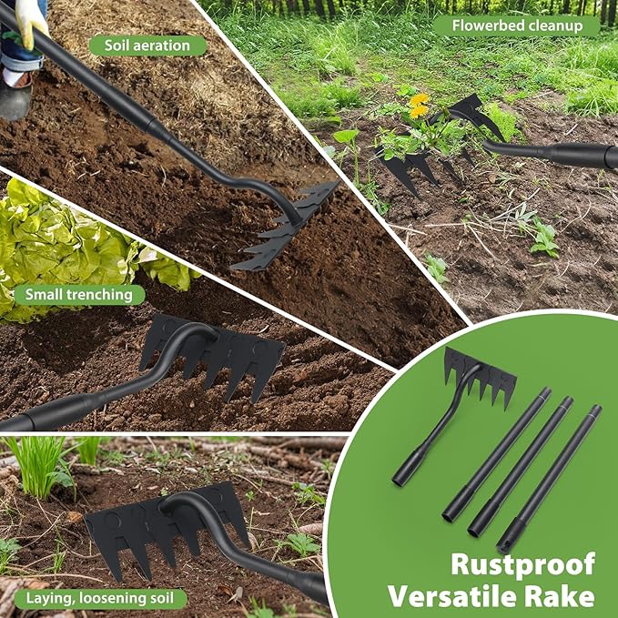 Manual Weeder Tool,6 Tines Garden Weeding Rake with Sharp Blade,55 Inch Long Handle,Heavy Duty Stand Weeding Tool for Weeding Loosening Soil Gathering Leaf Leveling Thatch Rake