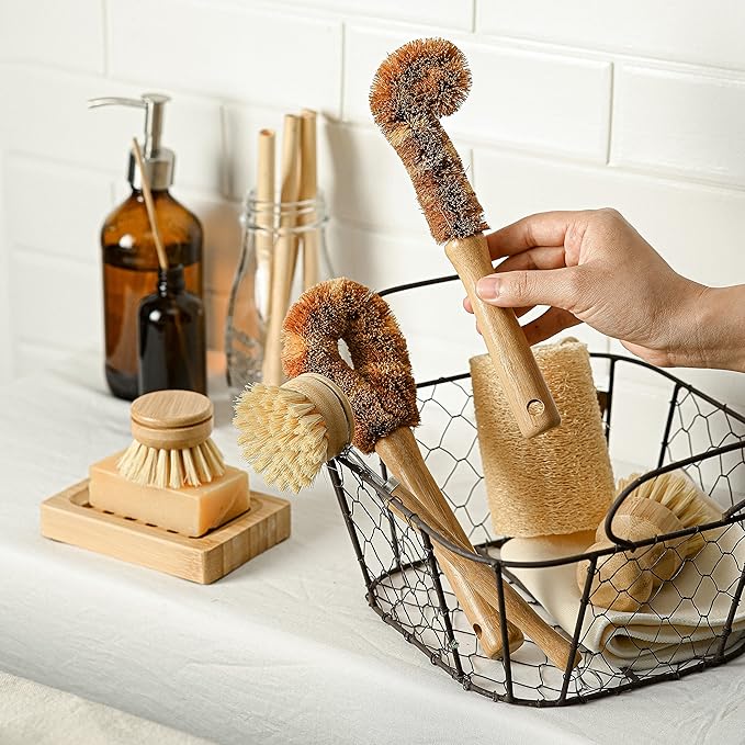 Jungle Culture® 6 Piece Natural Dish Brushes for Washing Up • Eco Dish Brush Kitchen Cleaning Set • Plant Based Coconut Scrubbers • Bottle/Pot Brush & Eco Friendly Scourer Sponge for Pans & Dishes