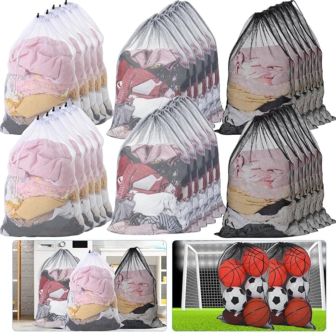 Berlune 30 Pack 24 x 36 Inches Large Mesh Bags for Laundry, Wash bags, Sturdy Mesh Material Closed with Drawstring, Factory, University, Dormitory, Travel and Apartment Dweller (White, Black, Gray)