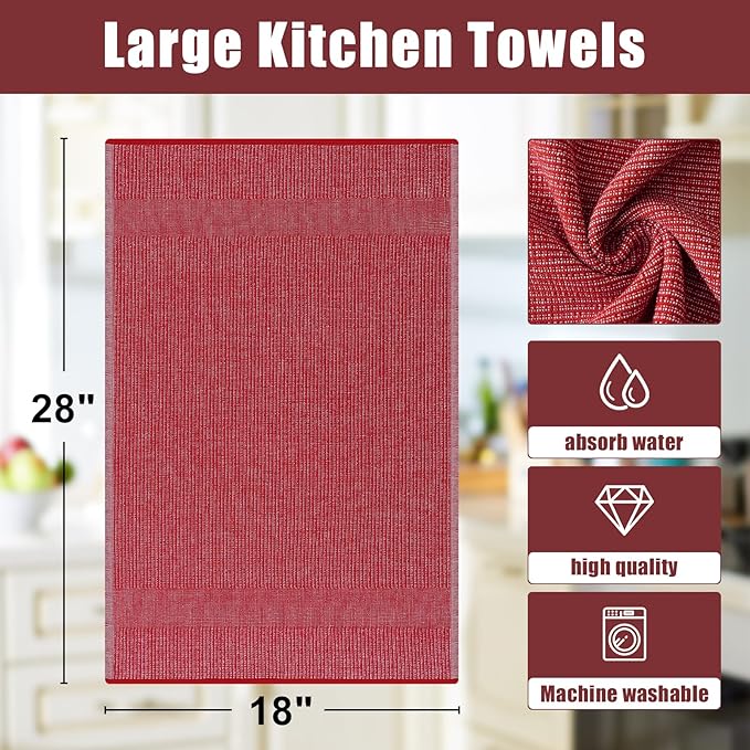 Homaxy Premium Kitchen Towels(18”x 28”, 12 Pack), Large Cotton Kitchen Hand Towels, Flat and Terry Dish Towels, 380 GSM Highly Absorbent Tea Towel Set with Hanging Loop, Red