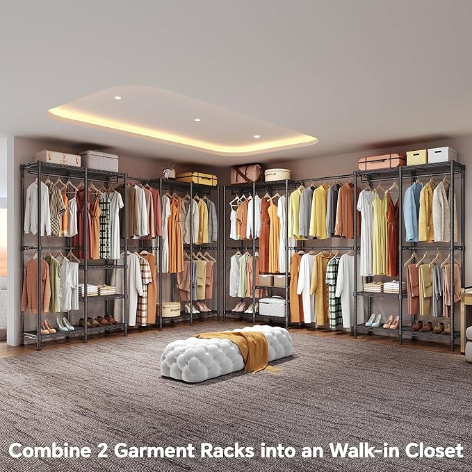 H5 Pro Heavy Duty Garment Rack, Freestanding Clothes Rack, Wardrobe Closet for Hanging Clothes, Portable Closet Organizer with Expandable Hanger Rods, (97.7-115.4")L x 15.7"W x 75.4"H, Black