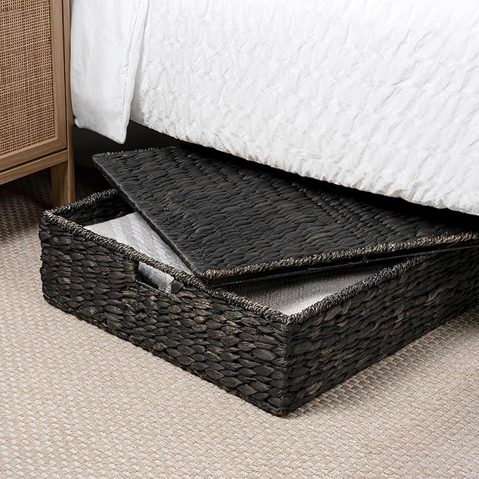 happimess BSK2015C-SET2 Holden 30" Classic Costal Hand-Woven Hyacinth Wicker Under Bed Storage Basket with for Storage and Decoration in Bathroom, Bedroom, Closet, Entryway, Black (Set of 2)