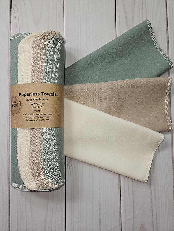 Paperless Towels, 12-12" X 10" Washable Paper Towels, Reusable Paper Towels, 100% Cotton (Sage)