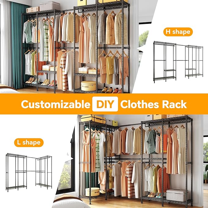 H5 Pro Heavy Duty Garment Rack, Freestanding Clothes Rack, Wardrobe Closet for Hanging Clothes, Portable Closet Organizer with Expandable Hanger Rods, (97.7-115.4")L x 15.7"W x 75.4"H, Black