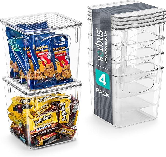 Sorbus Small Plastic Storage Bins (4 Pack) – Clear Bins for Kitchen, Pantry, Fridge, Cabinet, and Refrigerator – Stackable Storage Containers for Home Organization