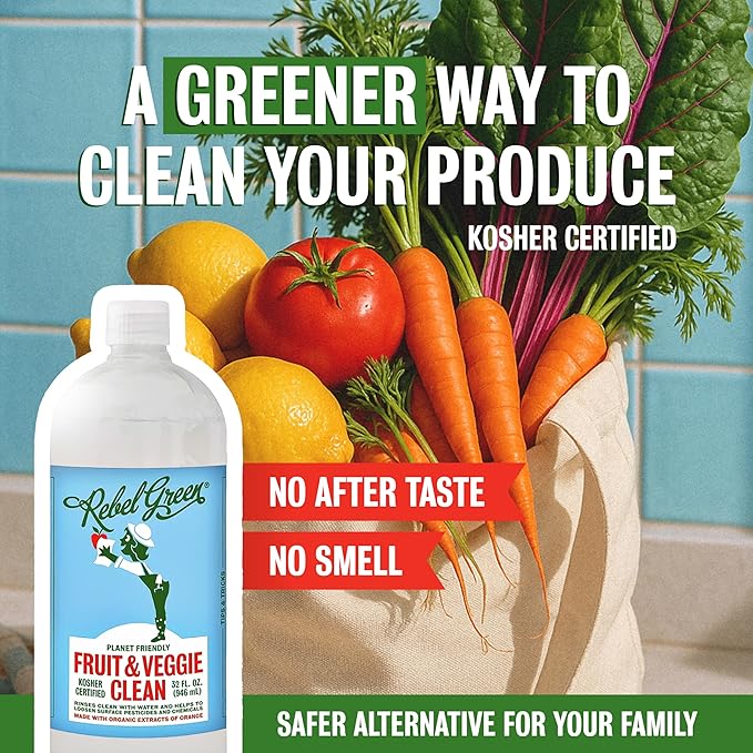 Rebel Green Fruit & Veggie Wash - Natural Produce Wash - Plant-Based Vegetable Wash Spray - Fruit and Vegetable Wash with No Aftertaste - Sustainable Food Wash - (34 oz Refill Bottles, 6 Pack)