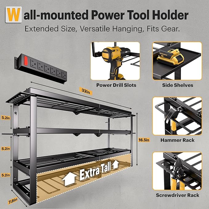 Power Tool Organizer, Quick Assembly & Max 420lb Load With 6 Outlet Power Strip, 4 shelves 8 Slots for Cordless Drill Holder Wall mount in Garage/Workshop/Pegboard Suitable for Birthday Gift