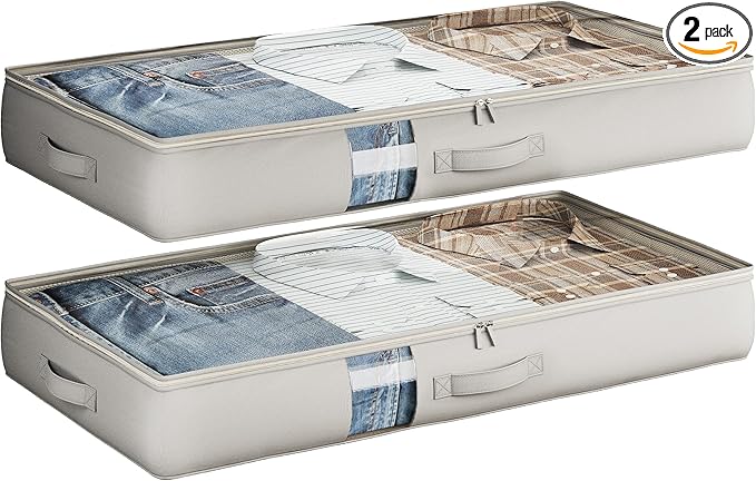 Under Bed Storage Containers with Window, Closet Organizers and Storage Bags, Foldable Underbed Storage Bags for Blankets, Clothing, Comforter, Linen Sheets, Wrapping Paper, 2 Pack, Grey