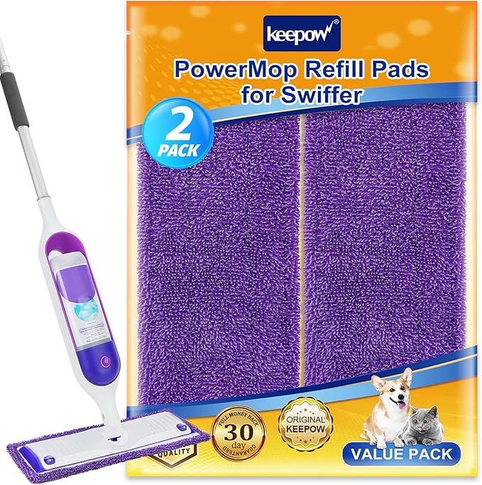 KEEPOW Reusable Pads for Swiffer Power Mop, Refill Pads for Swiffer Power Mop Wood Floor Cleaning, Microfiber Mop Pads for Hardwood Floors (2 Pack)