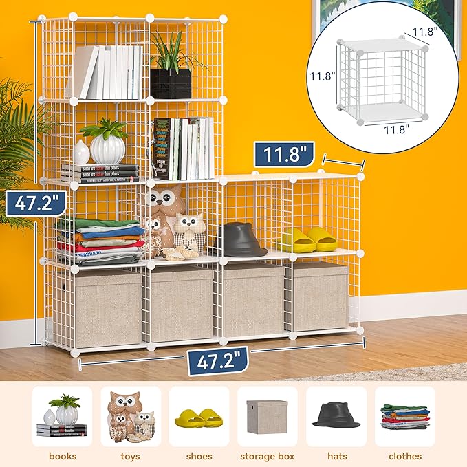 TUMUCUTE Cube Storage Organizer, Metal 12-Cube Shelves Bookshelf, Portable Closet Clothes Organizer for Bedroom, Home, Office, White