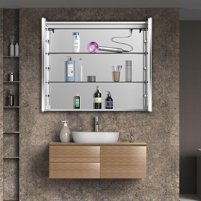 Gray Medicine Cabinets for Bathroom with Mirror, Surface Mounted LED Medicine Cabinets Mirror with Defogger, Dimmer, Outlets & USB, Double Doors, 42”W x 36”H