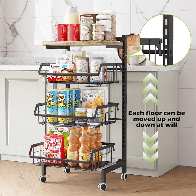 COVAODQ Fruit Basket 4-Tier Adjustable Fruit Vegetable Basket Cart Metal Wire Storage Cart Rolling Pantry Utility Kitchen Cart