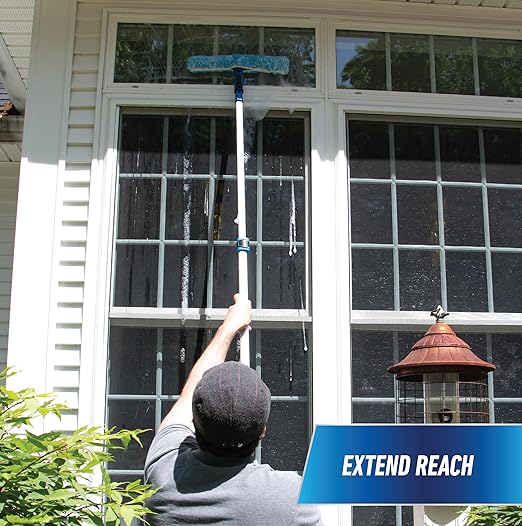 Unger Professional Connect and Clean Total Pro Cleaning Kit, All-in-One Household Window Washing with Streak-Free Results, Includes 12” Squeegee, 14” Scrubber Washer, Telescopic Pole Extends Up to 6’