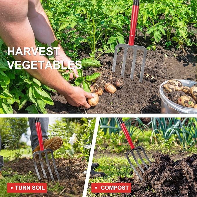 4-Tine Heavy Duty Pitchfork Digging Fork Garden Fork Pitch Forks with Fiberglass Handle for Gardening, Hay,Digging Potatos,43 inches