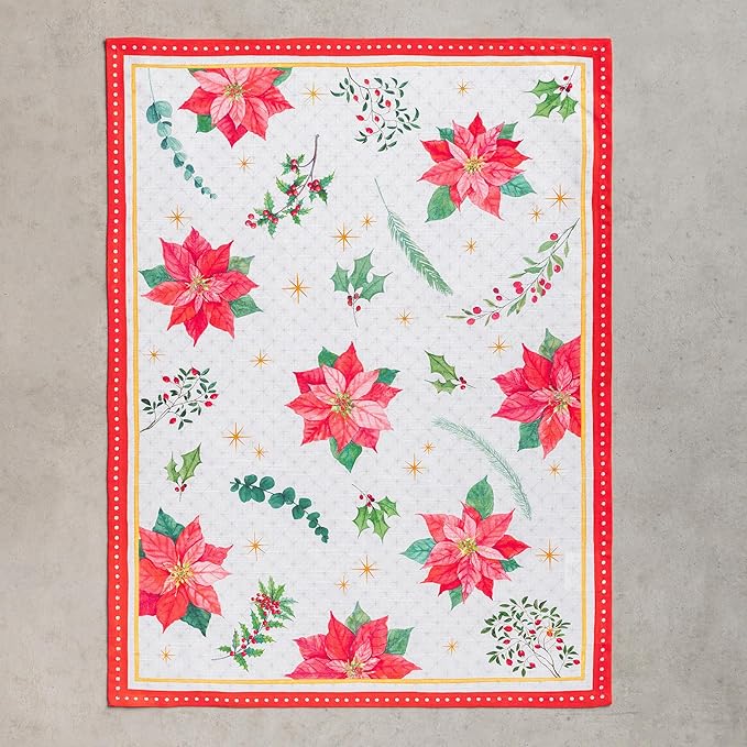 Maison d' Hermine Kitchen Towels Set of 3 100% Cotton 27.50" x 20" Reusable Cloth Tea Dish Towels Absorbent with Hanging Loop for Kitchen, Home, Dining, Cocktail Parties (Poinsettia Christmas)