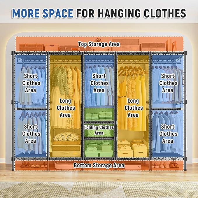 Raybee 88.2" W Clothes Rack Heavy Duty Clothing Racks for Hanging Clothes Extra Wide Portable Closet Loads 1200LBS Freestanding Garment Rack for Bedroom 88.2" W x 75.6" H x 15.7" D, Black