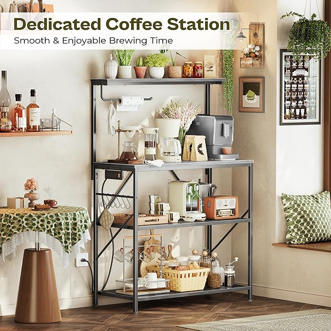 Huuger 4-Tier Bakers Rack with Reversible Power Outlet, 31.5 Inch Microwave Stand, Kitchen Bar, with Top Shelf, 6 S Hooks, Grey