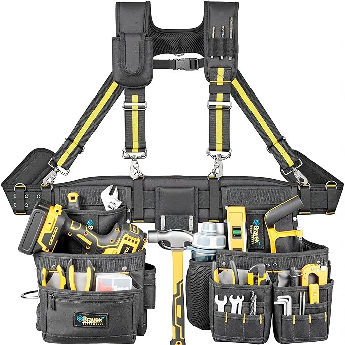 Tool Belt Suspenders, Professional Tool Belt Organizer With Suspenders and 20 Pockets, Heavy Duty Carpenter Suspension Rig For Framers Carpenter Electrician 1200D Ballistic Nylon