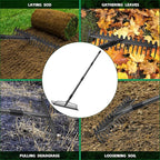 49'' Bow Rake ，17 Tines Metal Head Rakes with Stainless Steel Handle，Heavy Duty Garden Rake for Loosening Soil Gathering Leaf Leveling Lawn Farming Land Management Yarn Thatch Rake