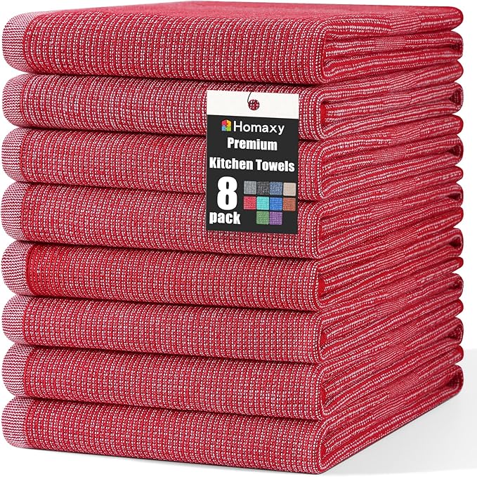Homaxy Premium Kitchen Towels(18”x 28”, 8 Pack), Large Cotton Kitchen Hand Towels, Flat and Terry Dish Towels, 380 GSM Highly Absorbent Tea Towel Set with Hanging Loop, Red