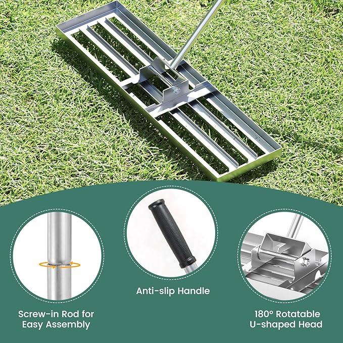 Goplus Lawn Leveling Rake, 36" x 10" Heavy Duty Level Lawn Tool w/ Ergonomic Handle for Soil, Effort-Saving Landscape Rake for Garden, Backyard, Golf Course, Farm, Pasture, Silver