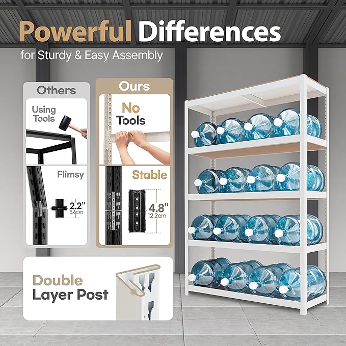 HOMEDANT House Lift-Beam White 48" Wide Boltless Heavy Duty Garage Storage Shelving Adjustable 5-Tier Metal Shelves Laminated Organization Shelf Industrial Utility Rack Pantry Shed Office Store 2Pack