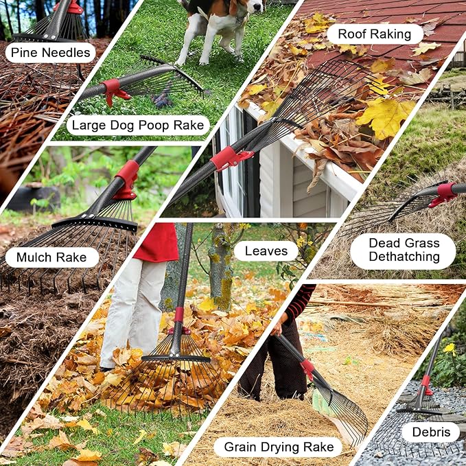Adjustable Garden Leaf Rake - 58" Heavy Duty Metal Leaves Rake with Expandable Head (8”-17”), Collapsible Kids Rakes for Gardening Beds,Yard,Lawn,Shrub,Small Areas,Pine Needle & Camping Cleaning
