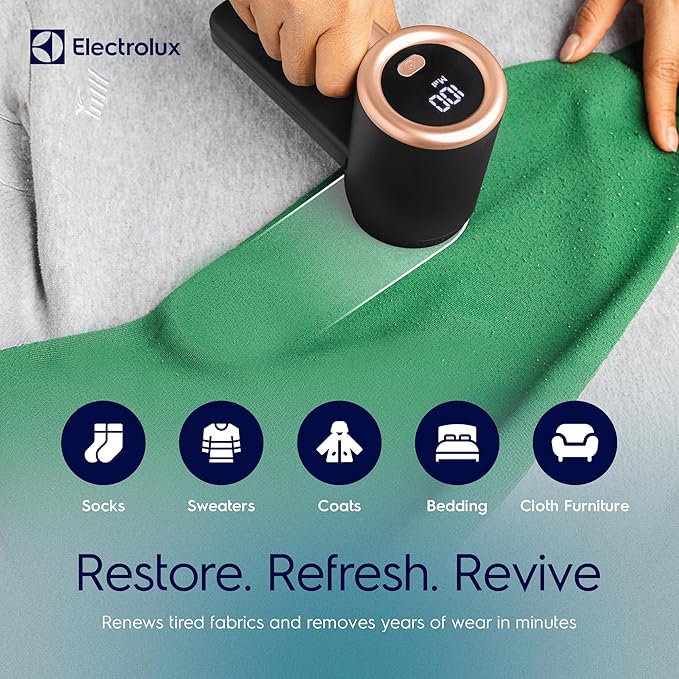 Electrolux Rechargeable Fabric Shaver | 3-Speed Lint Remover for Clothes & Furniture | Eliminates Fuzz & Pilling | Electric Lint Shaver with LED Display & Type-C Fast Charging Port - Black