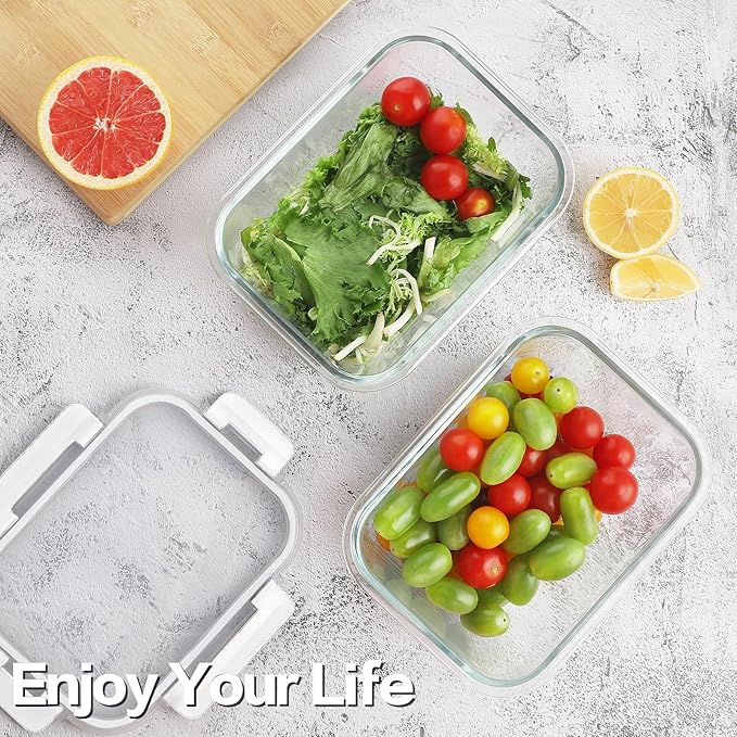 8 Pack 36oz Large Glass Meal Prep Containers with lids, Glass Food Storage Containers with Leak Proof Snap Lock Lids , Airtight Bento lunch Boxes, Kitchen Storage, Oven and Dishwasher Safe-White