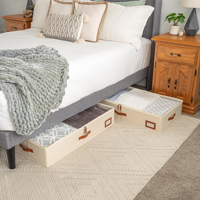 OrganiHaus Under Bed Storage Containers, Bedroom Storage and Organization Bins, Clothes Organizer for Closet with Clear Cover and Reinforced Handles - Set of 2 33x17x6 inches White Striped