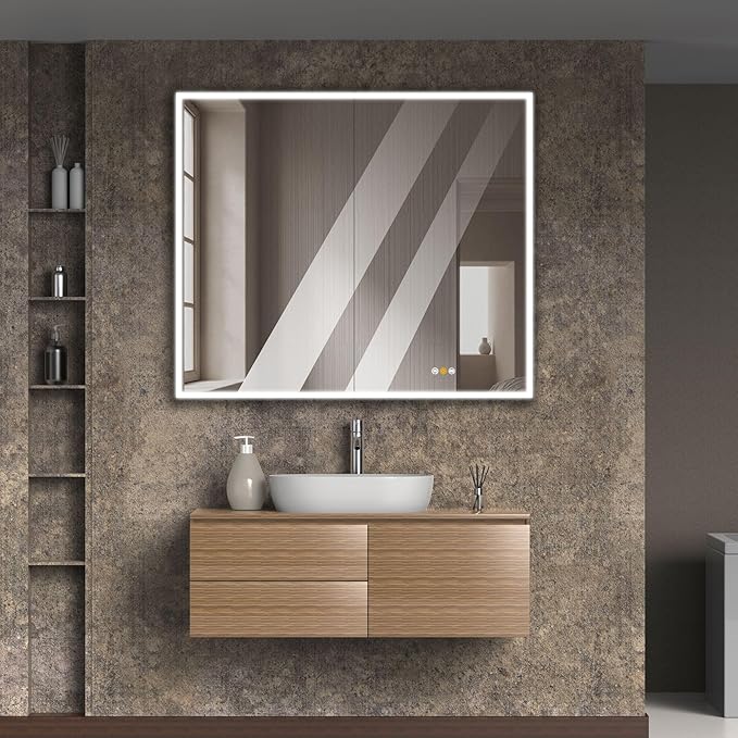 Gray Medicine Cabinets for Bathroom with Mirror, Surface Mounted LED Medicine Cabinets Mirror with Defogger, Dimmer, Outlets & USB, Double Doors, 42”W x 36”H