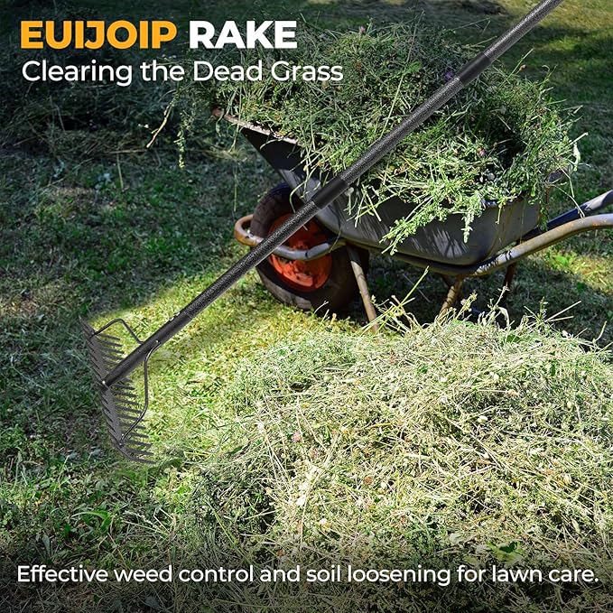 49" Rake - 17" Extra Wide Garden Tool with Double-Sided Head, Heavy Duty Lightweight Stainless Steel Construction for Mulching & Debris Removal, Leveling Lawn, Loosening Soil, Leaf Cleanup, Soil Prep
