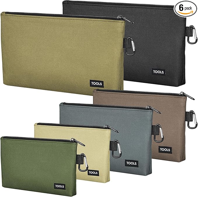 6 Pack Zipper Pouch, Premium Tool Bag, Utility Flat Bottom Storage Organizer With Carabiner Metal Zipper for Tools, Stationary, Pencil