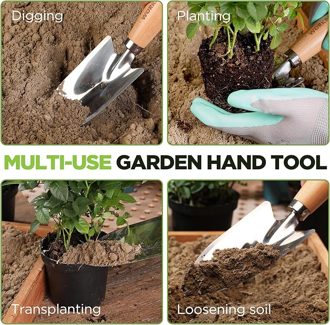 WORKPRO 11" Garden Hand Trowel, Heavy Duty Polished Stainless Steel Garden Shovels with Wood Handle, Small Gardening Hand Tools for Digging, Planting, Measure, Transplanting