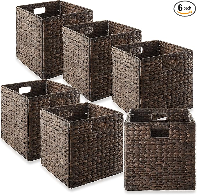 Casafield 12" x 12" Water Hyacinth Storage Baskets, Espresso - Set of 6 Collapsible Cube Organizers, Woven Bins for Bathroom, Bedroom, Laundry, Pantry, Shelves