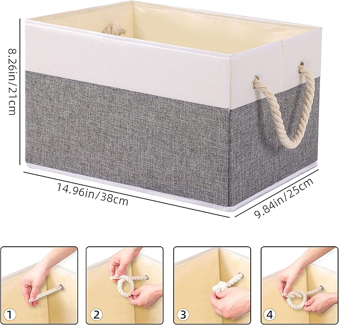 Yawinhe Foldable Storage Baskets for Shelves, Fabric Storage Cubes with Rope Handle, Closet Organizers for Clothes, 3-Pack, 14.96''Lx9.84''Wx8.26''H, White/Grey
