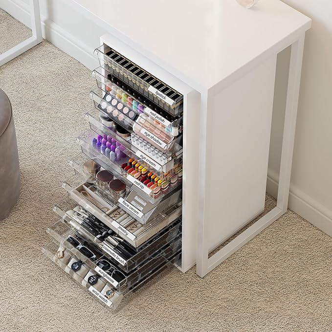 WOPITUES Plastic Storage Drawer Cart, Makeup Organizer and Storage with 10 Large Clear Drawers, Utility Wooden Rolling Cart on Wheels, for Cosmetic, Art Craft, Parts, Office Supplies, Toy, White