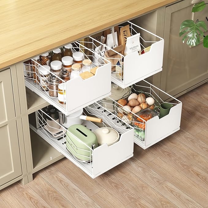 NETEL 4 Pack Pull Out Cabinet Organizer, No Drill Slide Out Drawers for Kitchen Cabinets, Peel and Stick Pull Out Drawers, Kitchen Cabinet Organizer,White,11.8"W X 20.86"D X 6.9"H