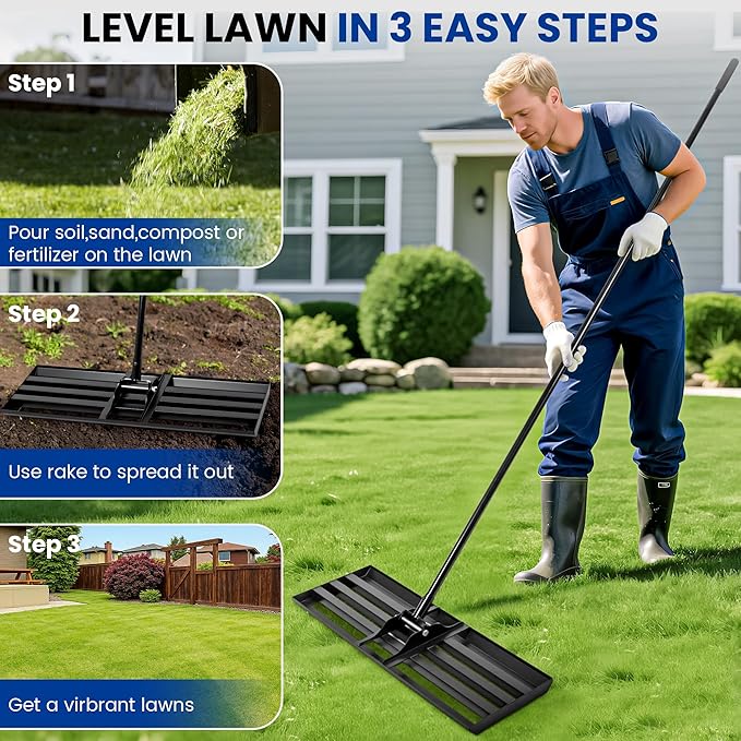 Lawn Leveling Rake, 30x10 Inch Carbon Steel Soil Leveler with 78" Adjustable Long Handle, Perfect for Yard, Golf Field, Dirt & Ground Surfaces
