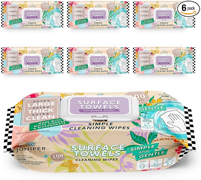 6 Packs Surface Cleaning Wipes Bleach Free, Thick & Large Dispose, All-Purpose Cleaner for Bathroom, Kitchen, Office, 600 Count Soft Flow, Biodegradable, Lavender Scent