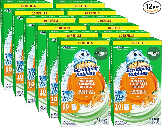 Scrubbing Bubbles Flushable Toilet Bowl Wand Cleaner Refills, Fresh Brush Cleaner Toilet Refill Pads, Removes Limescale & Odors, Citrus Scent, 10 Count (Pack of 12)