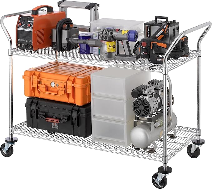 Finnhomy 2-Tier Commercial Grade Rolling Cart, Heavy Duty Utility Cart, Carts with Wheels and Handles, Kitchen Cart on Wheels, Metal Serving Cart with 700 lbs Capacity, Shelf Size 24" D x 48" W, NSF